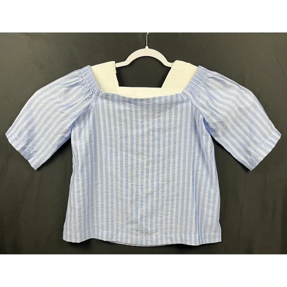 Ann Taylor Petite SP Blue White Striped Off The Shoulder Bardot Blouse Viscose - Picture 2 of 9